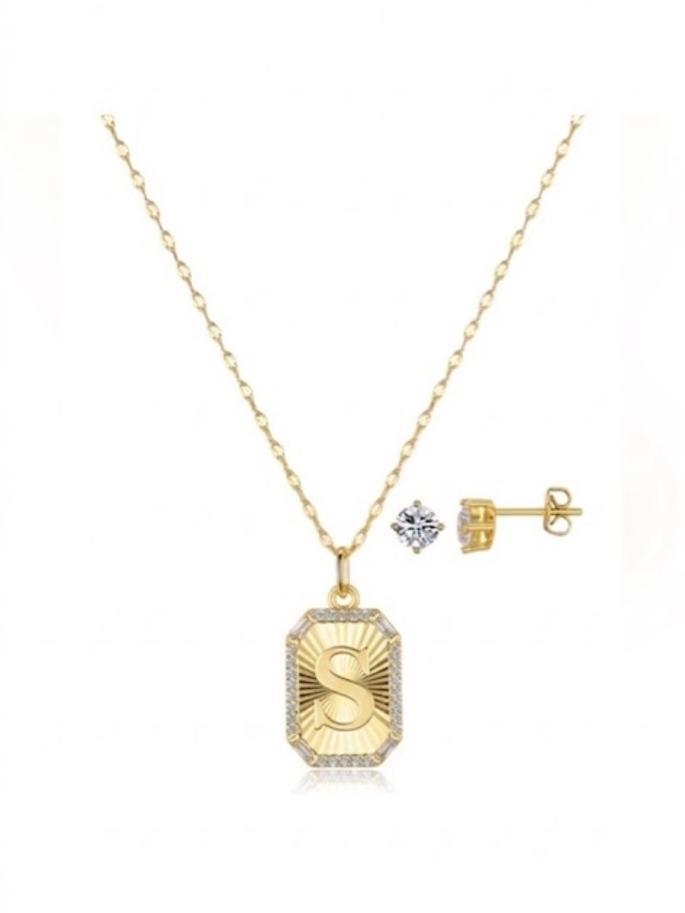 Sterling Silver 'S' Initial Pendant Necklace with Clear Stud Earrings - Silver